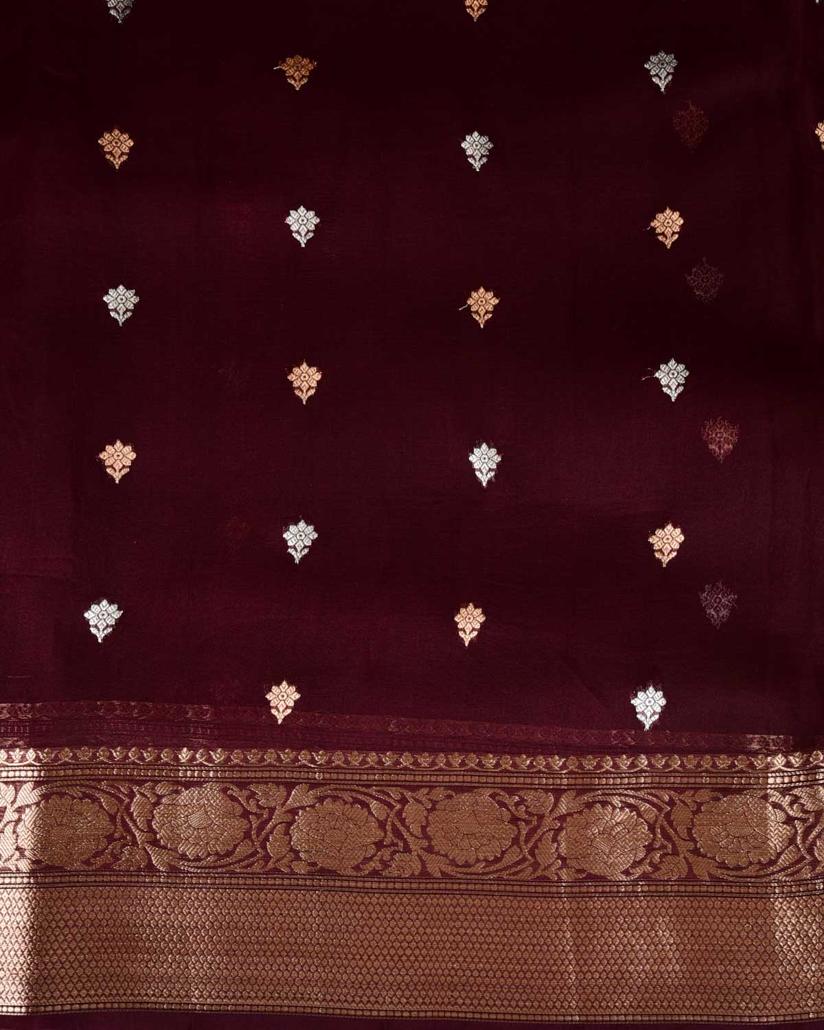 Mahogany Gold & Silver Zari Buti Kadhuan Brocade Handwoven Kora Silk Banarasi Saree