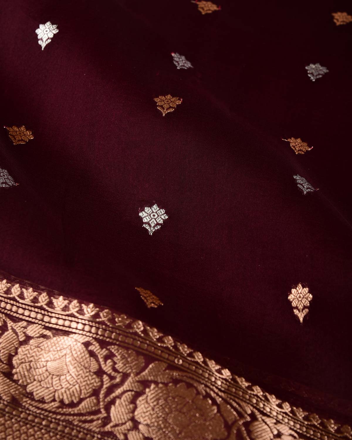 Mahogany Gold & Silver Zari Buti Kadhuan Brocade Handwoven Kora Silk Banarasi Saree
