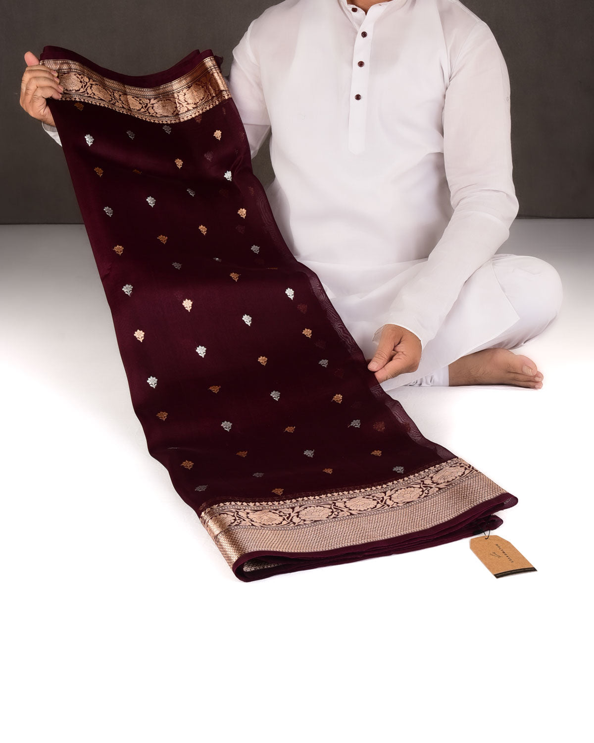 Mahogany Gold & Silver Zari Buti Kadhuan Brocade Handwoven Kora Silk Banarasi Saree
