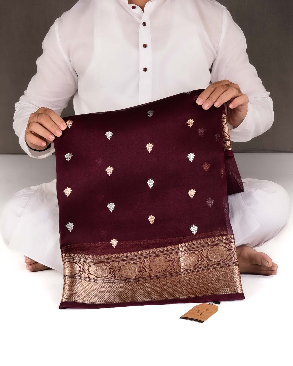 Mahogany Gold & Silver Zari Buti Kadhuan Brocade Handwoven Kora Silk Banarasi Saree