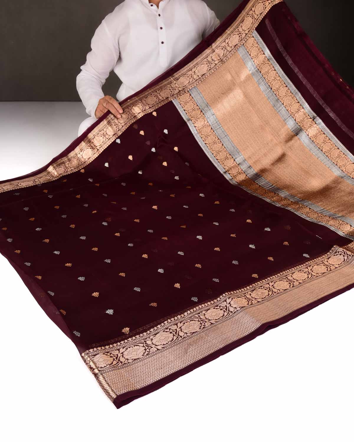 Mahogany Gold & Silver Zari Buti Kadhuan Brocade Handwoven Kora Silk Banarasi Saree
