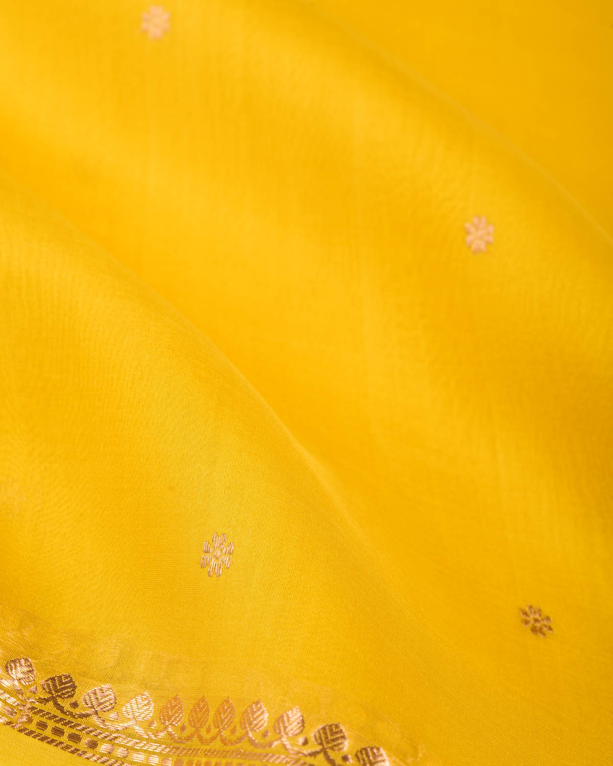 Yellow Gold Zari Kadhuan Buti Kadhuan Brocade Handwoven Kora Silk Banarasi Saree