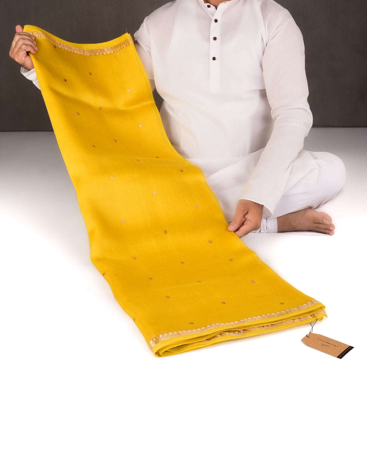 Yellow Gold Zari Kadhuan Buti Kadhuan Brocade Handwoven Kora Silk Banarasi Saree