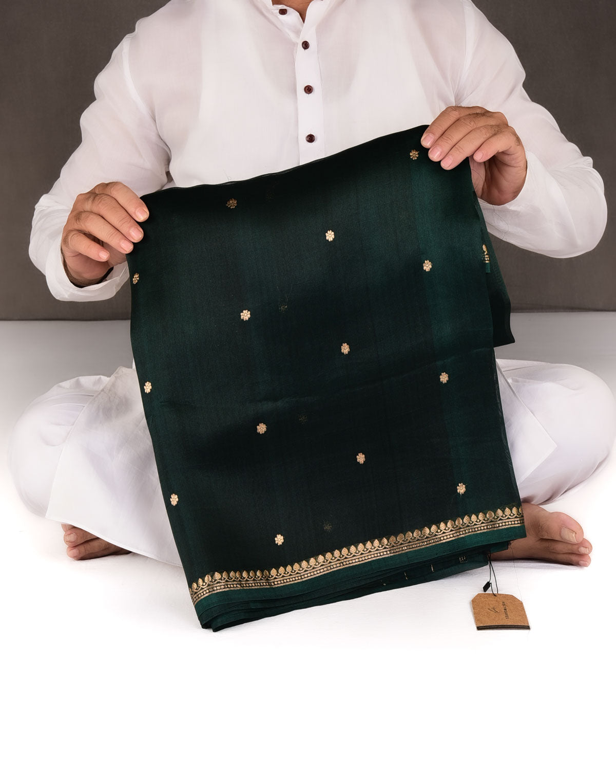 Midnight Green Gold Zari Kadhuan Buti Kadhuan Brocade Handwoven Kora Silk Banarasi Saree-HolyWeaves