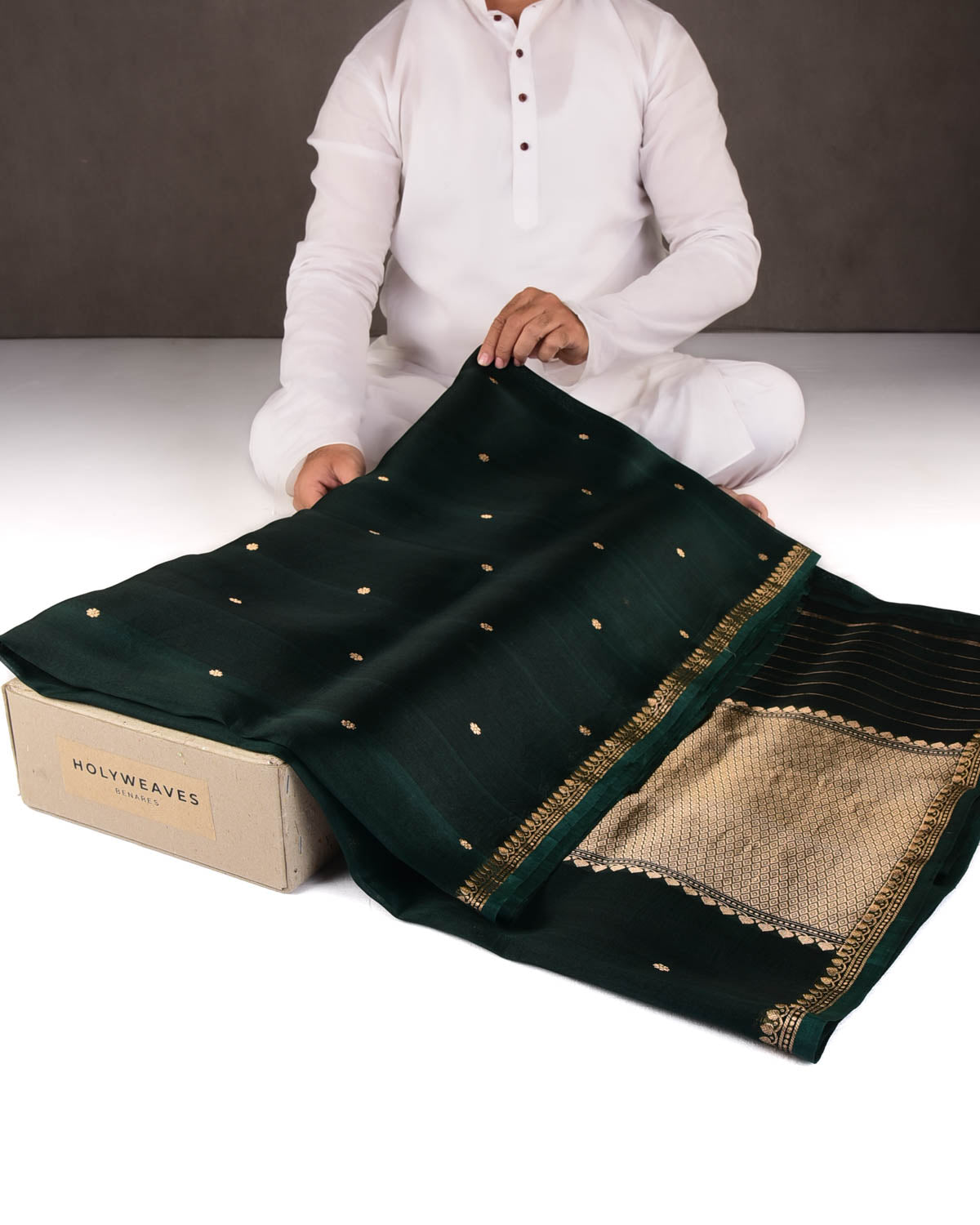 Midnight Green Gold Zari Kadhuan Buti Kadhuan Brocade Handwoven Kora Silk Banarasi Saree-HolyWeaves