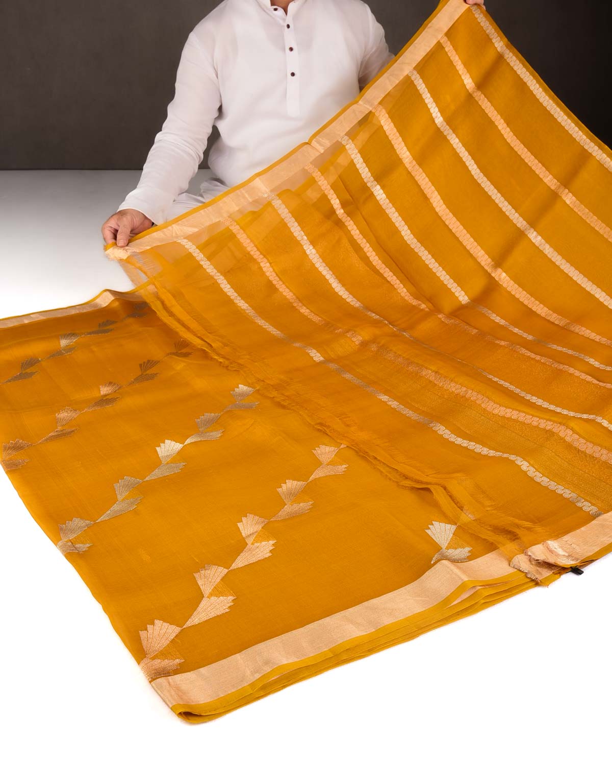 Mustard Yellow Gold & Silver Zari Wings Kadhuan Brocade Handwoven Kora Silk Banarasi Saree-HolyWeaves