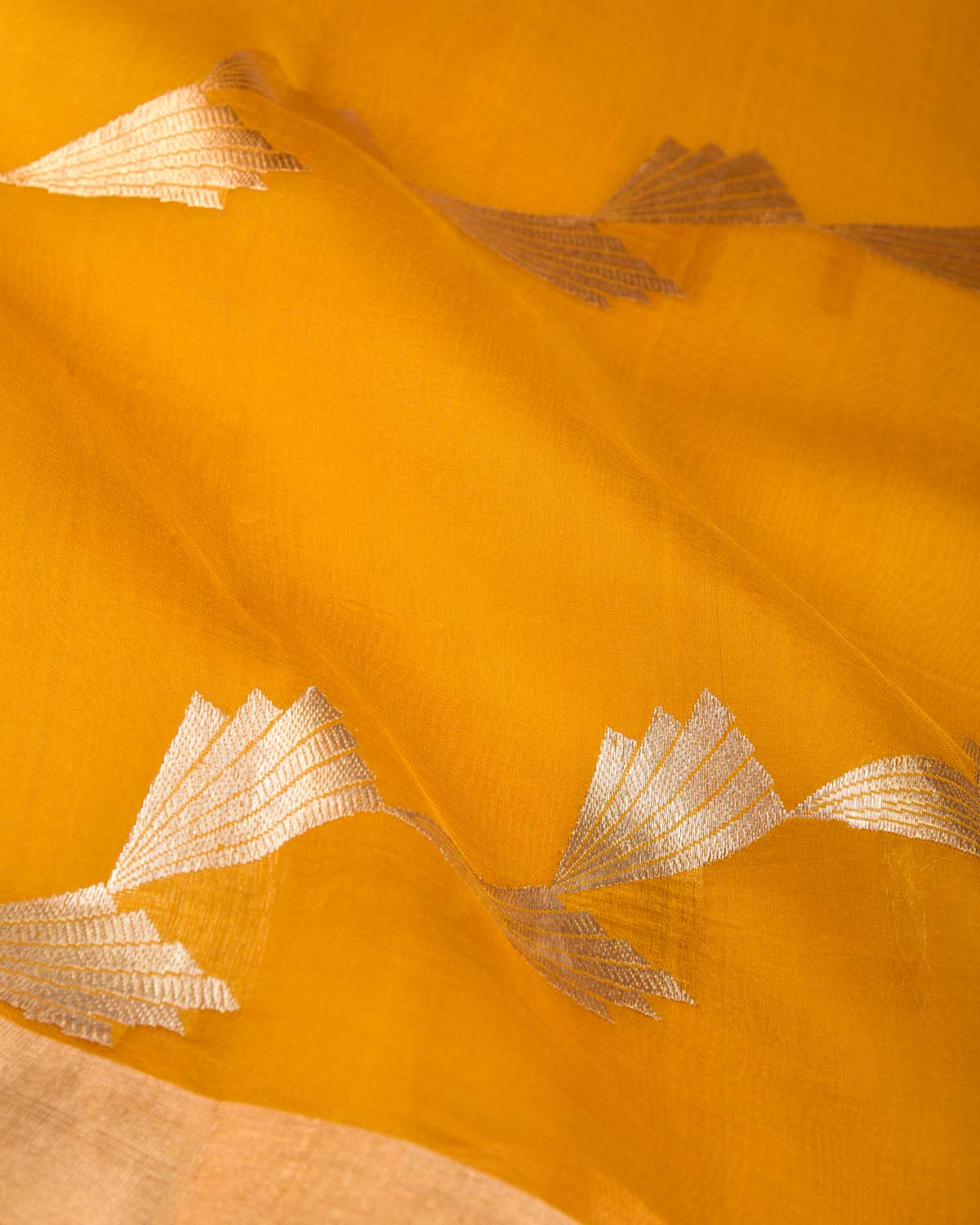 Mustard Yellow Gold & Silver Zari Wings Kadhuan Brocade Handwoven Kora Silk Banarasi Saree-HolyWeaves