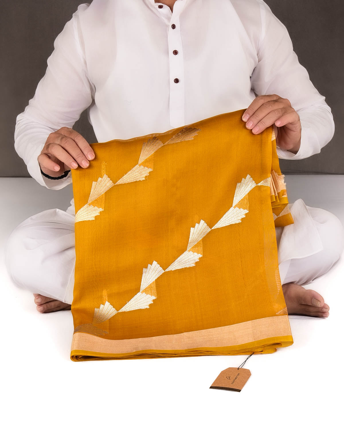 Mustard Yellow Gold & Silver Zari Wings Kadhuan Brocade Handwoven Kora Silk Banarasi Saree-HolyWeaves