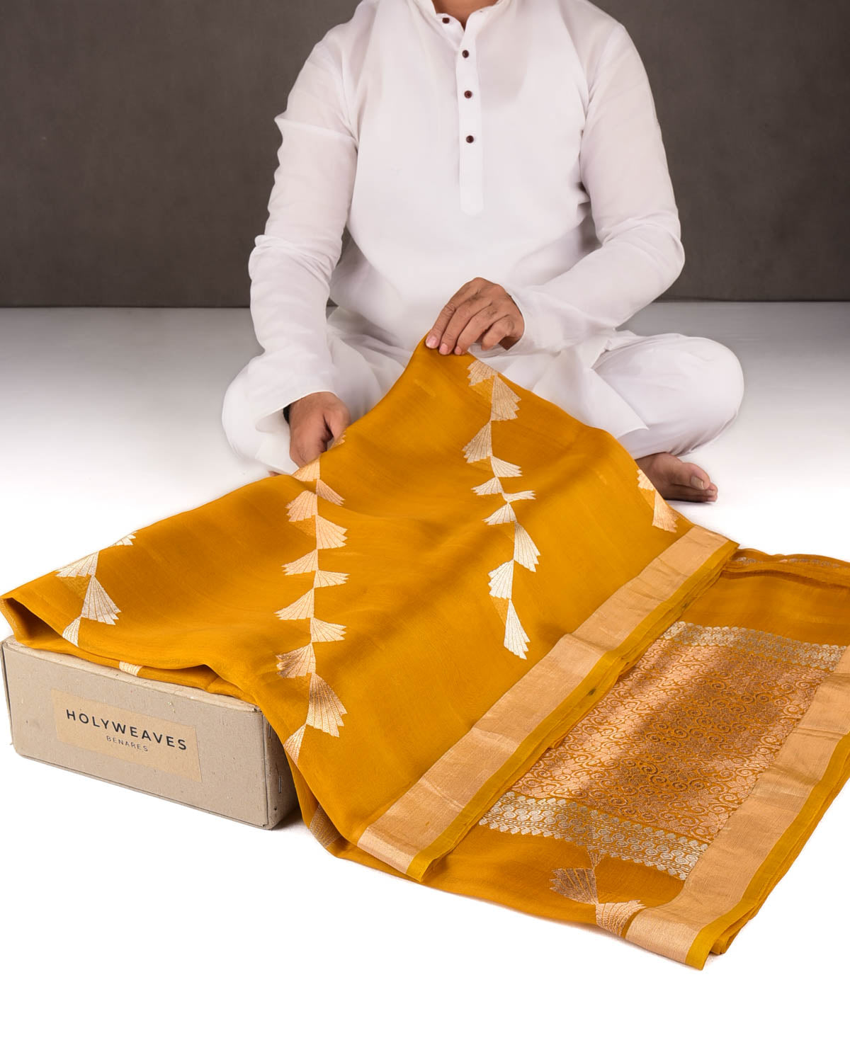 Mustard Yellow Gold & Silver Zari Wings Kadhuan Brocade Handwoven Kora Silk Banarasi Saree-HolyWeaves