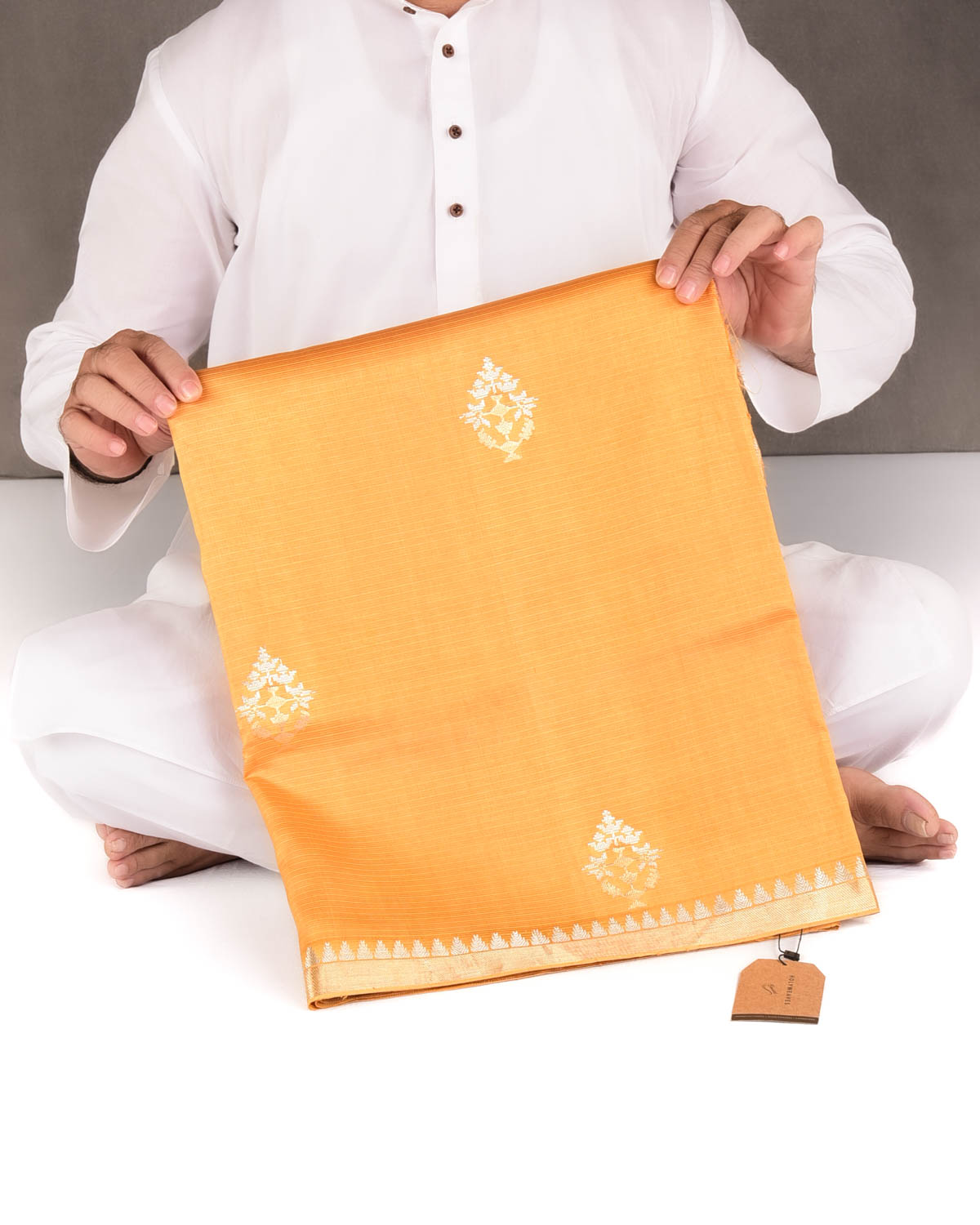 Yellow Gold & Silver Zari Buti Kadhuan Brocade Handwoven Spun Silk Banarasi Saree-HolyWeaves