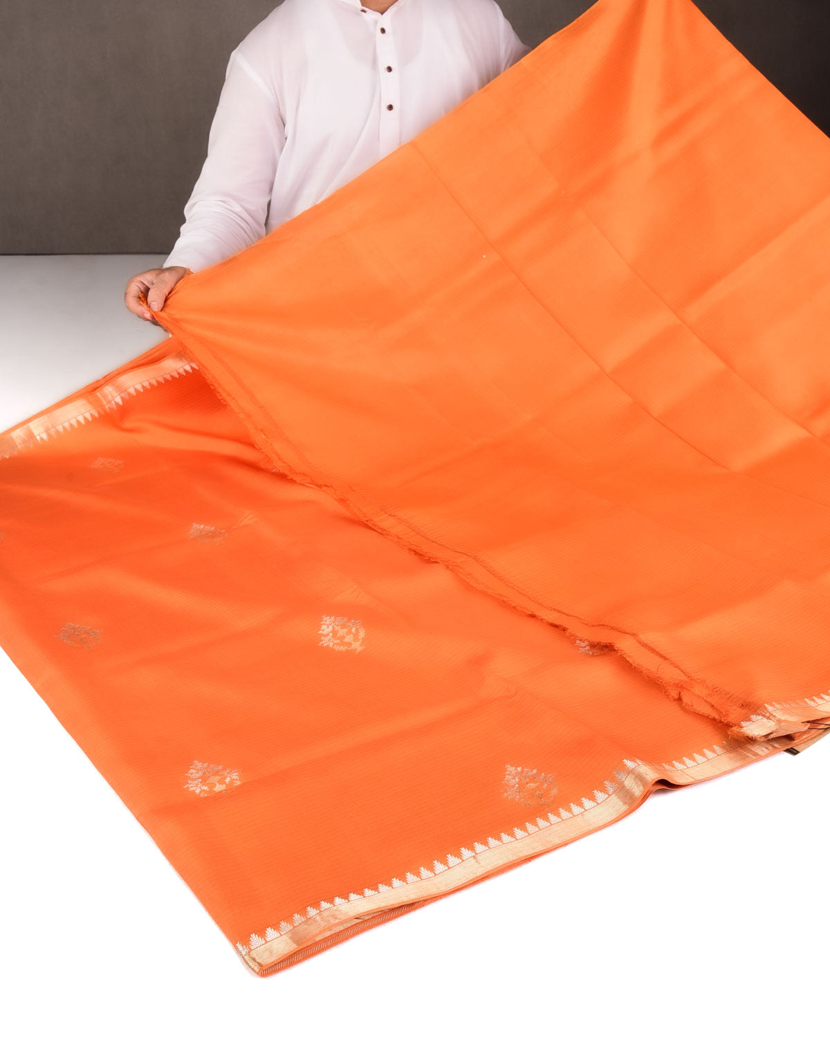 Orange Gold & Silver Zari Buti Kadhuan Brocade Handwoven Spun Silk Banarasi Saree-HolyWeaves
