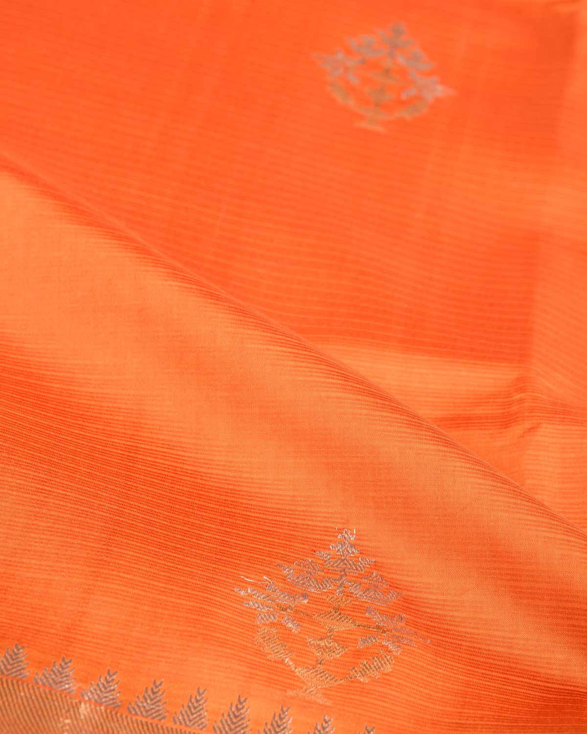 Orange Gold & Silver Zari Buti Kadhuan Brocade Handwoven Spun Silk Banarasi Saree-HolyWeaves