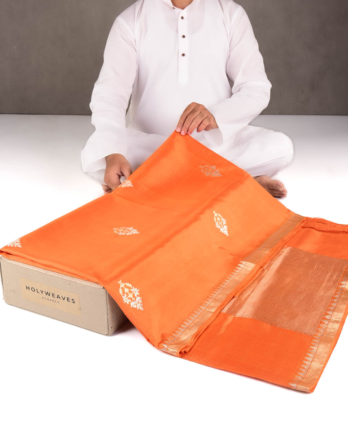 Orange Gold & Silver Zari Buti Kadhuan Brocade Handwoven Spun Silk Banarasi Saree-HolyWeaves