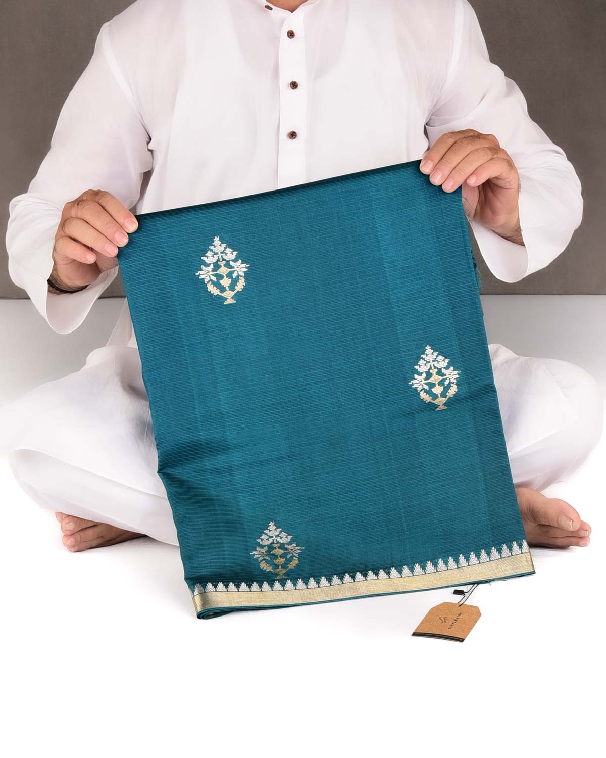 Blue Gold & Silver Zari Buti Kadhuan Brocade Handwoven Spun Silk Banarasi Saree-HolyWeaves