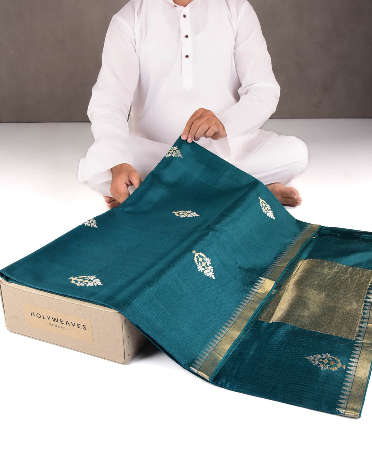 Blue Gold & Silver Zari Buti Kadhuan Brocade Handwoven Spun Silk Banarasi Saree-HolyWeaves