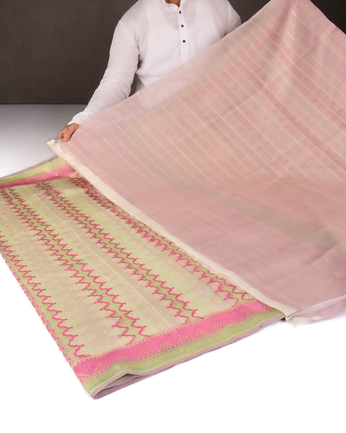 Green Translucent Rivers Cutwork Brocade Woven Cotton Silk Banarasi Saree with Contrast Dye Border Pallu-HolyWeaves