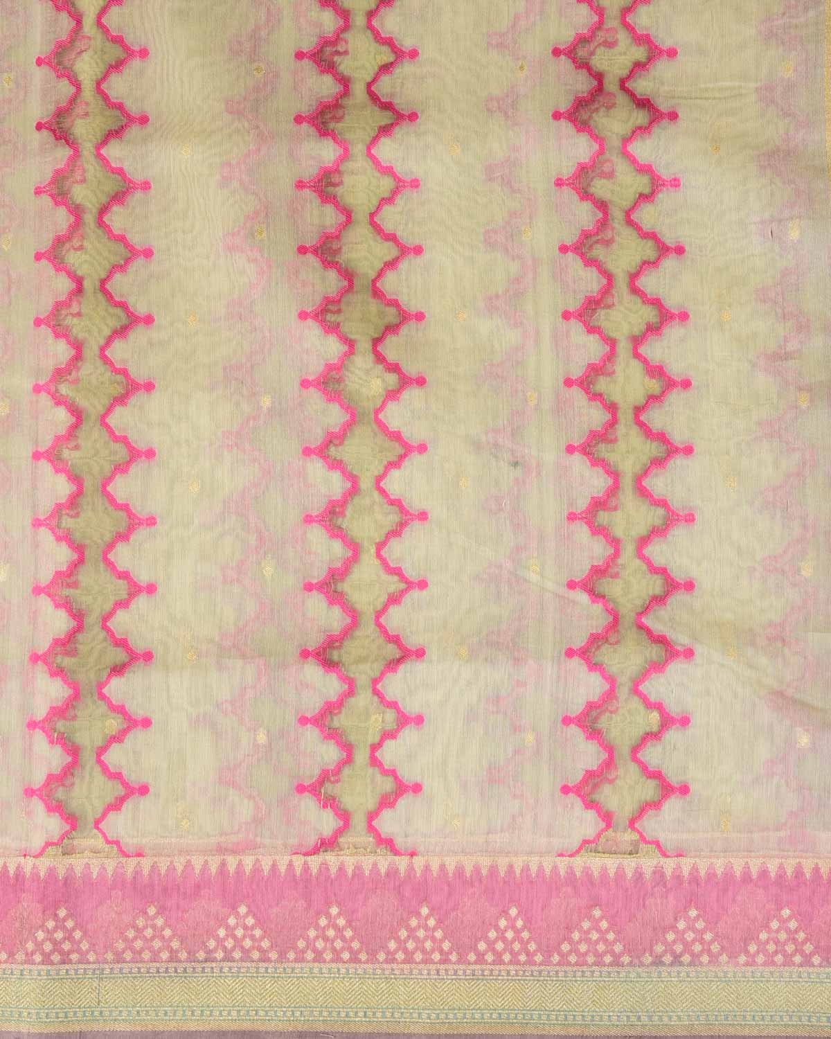Green Translucent Rivers Cutwork Brocade Woven Cotton Silk Banarasi Saree with Contrast Dye Border Pallu-HolyWeaves
