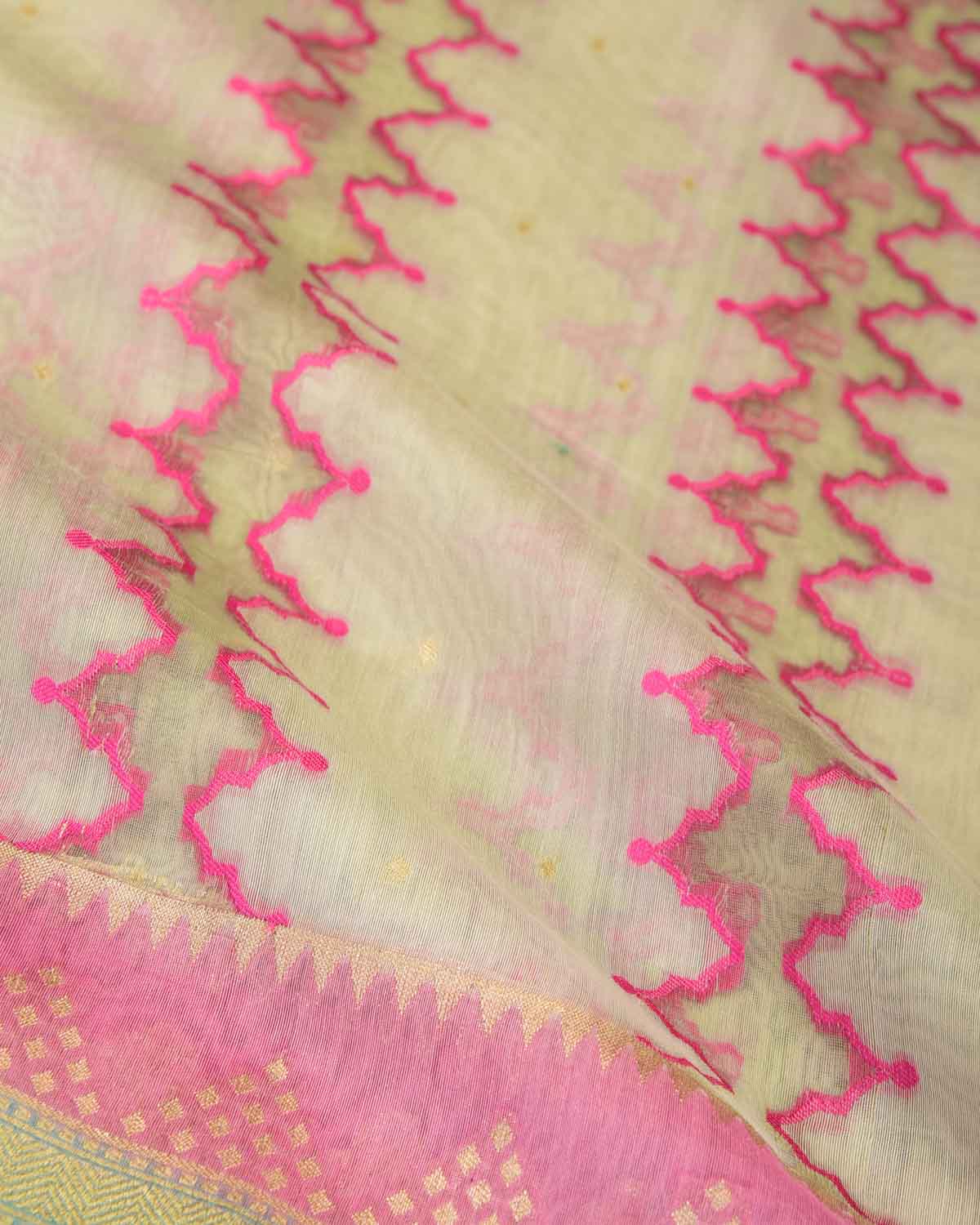 Green Translucent Rivers Cutwork Brocade Woven Cotton Silk Banarasi Saree with Contrast Dye Border Pallu-HolyWeaves