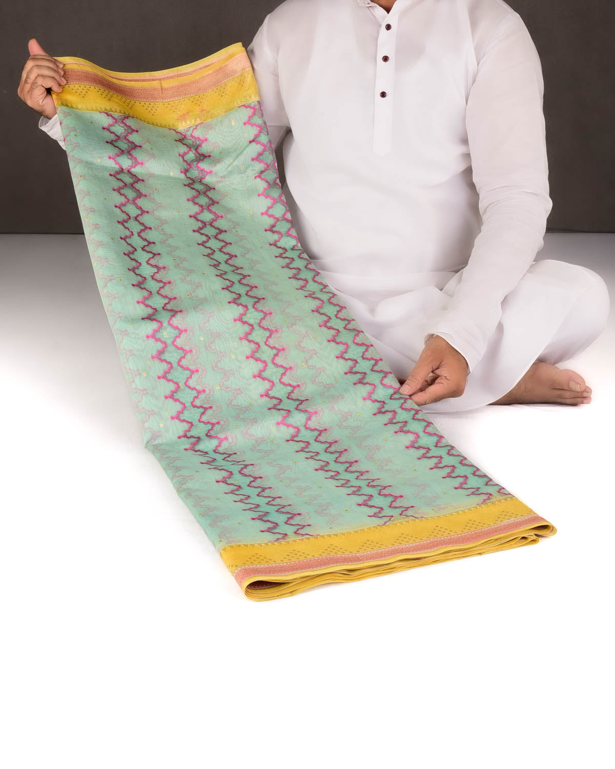 Blue Translucent Rivers Cutwork Brocade Woven Cotton Silk Banarasi Saree with Contrast Dye Border Pallu-HolyWeaves