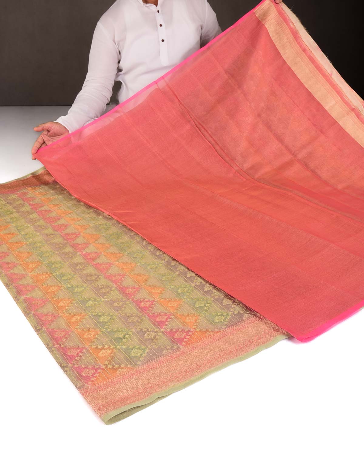 Multi-color Hand Brush Dye Cutwork Brocade Woven Cotton Tissue Banarasi Saree
