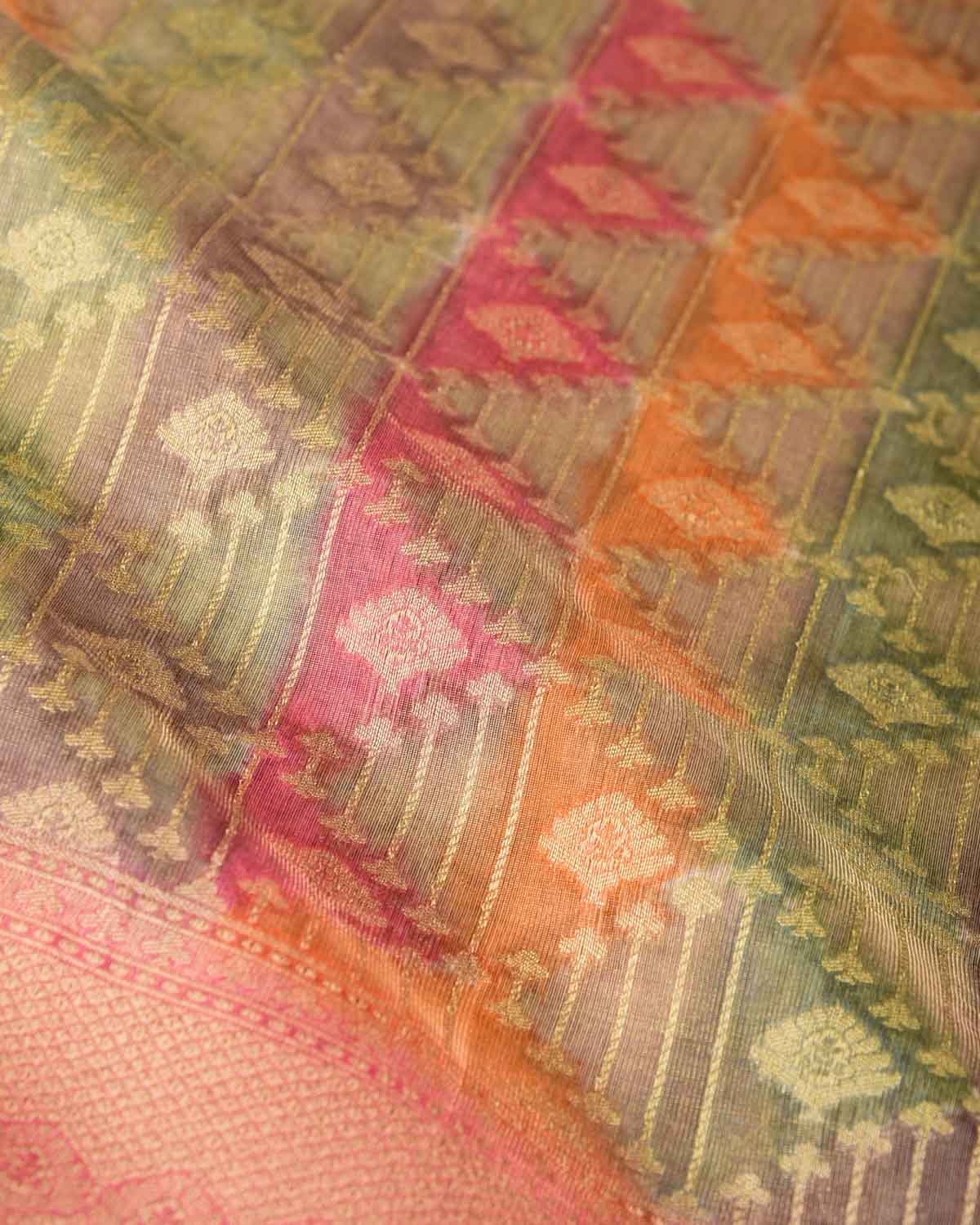 Multi-color Hand Brush Dye Cutwork Brocade Woven Cotton Tissue Banarasi Saree