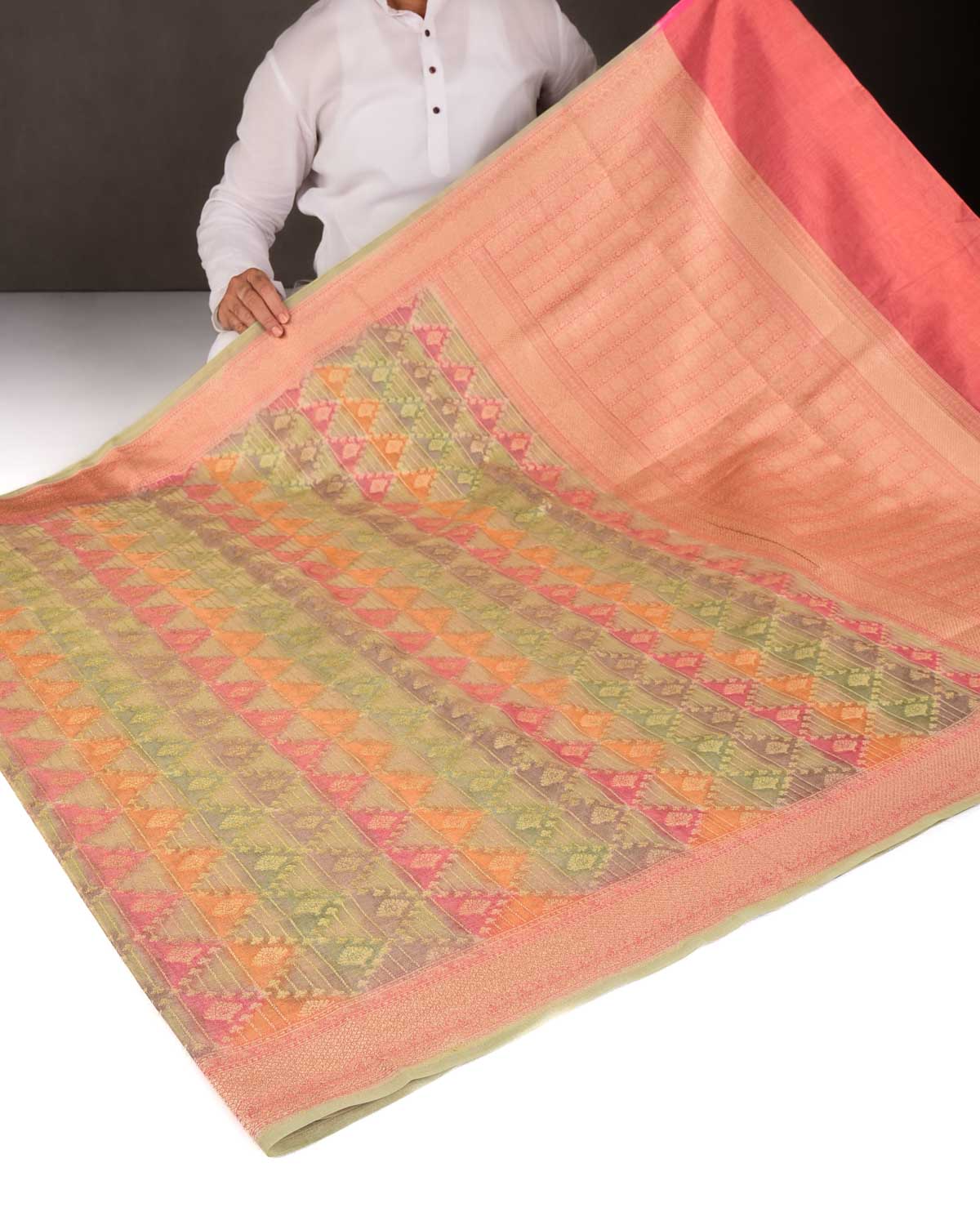 Multi-color Hand Brush Dye Cutwork Brocade Woven Cotton Tissue Banarasi Saree