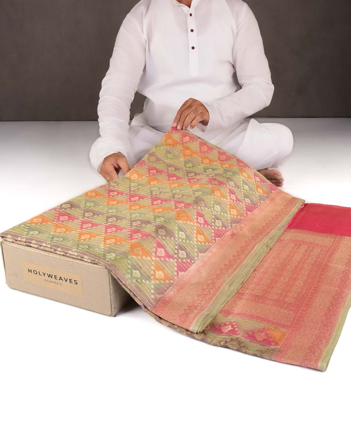 Multi-color Hand Brush Dye Cutwork Brocade Woven Cotton Tissue Banarasi Saree