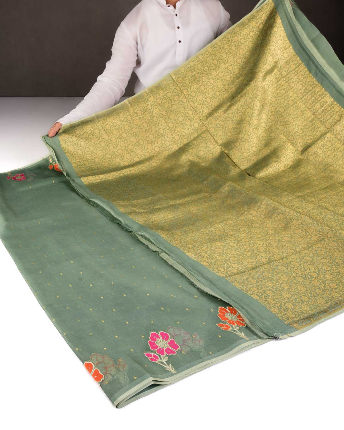 Gray Green Gold Zari Polka Buti And Floral Border Cutwork Brocade Woven Kora Silk Banarasi Saree