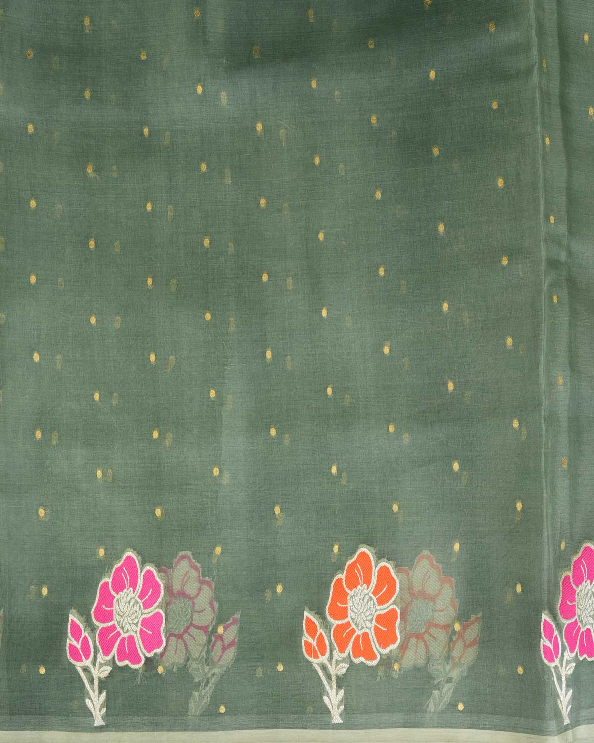 Gray Green Gold Zari Polka Buti And Floral Border Cutwork Brocade Woven Kora Silk Banarasi Saree