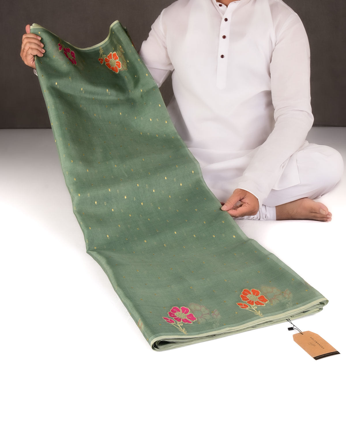 Gray Green Gold Zari Polka Buti And Floral Border Cutwork Brocade Woven Kora Silk Banarasi Saree