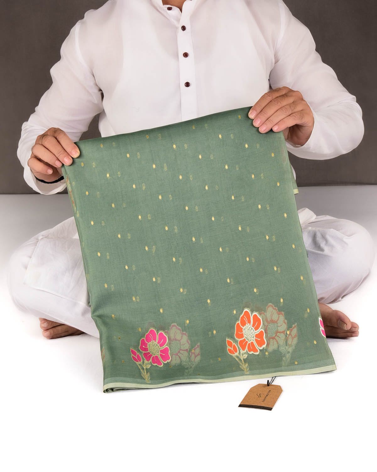 Gray Green Gold Zari Polka Buti And Floral Border Cutwork Brocade Woven Kora Silk Banarasi Saree