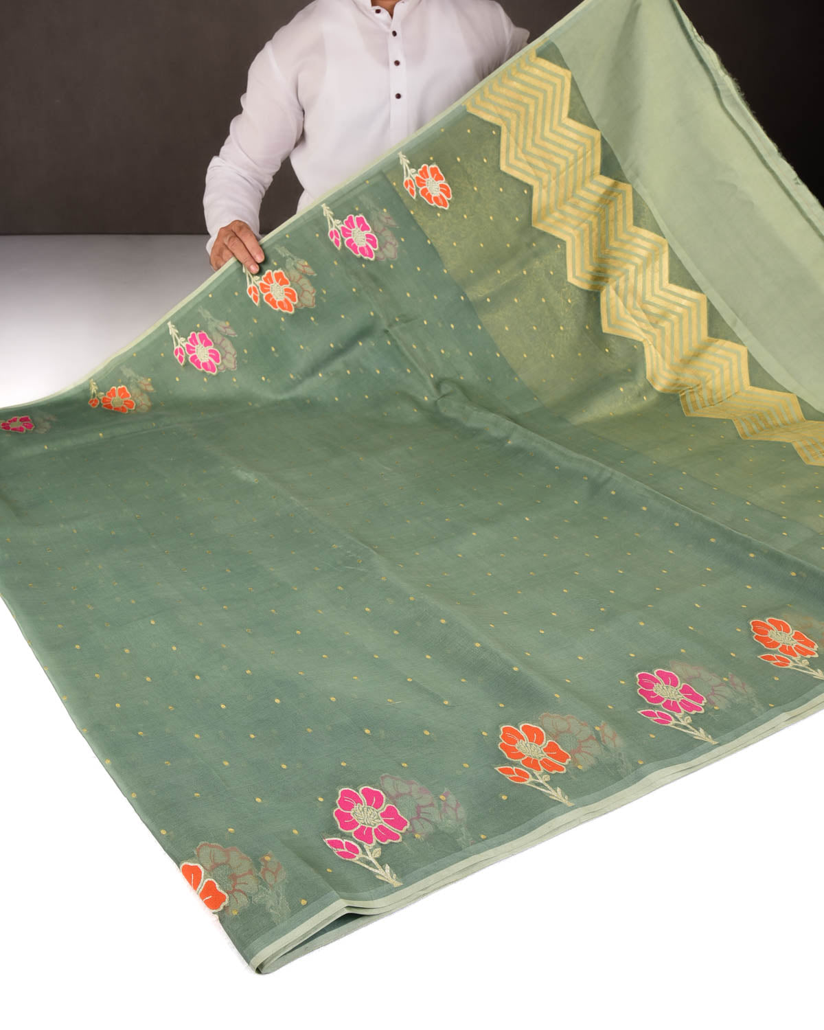Gray Green Gold Zari Polka Buti And Floral Border Cutwork Brocade Woven Kora Silk Banarasi Saree