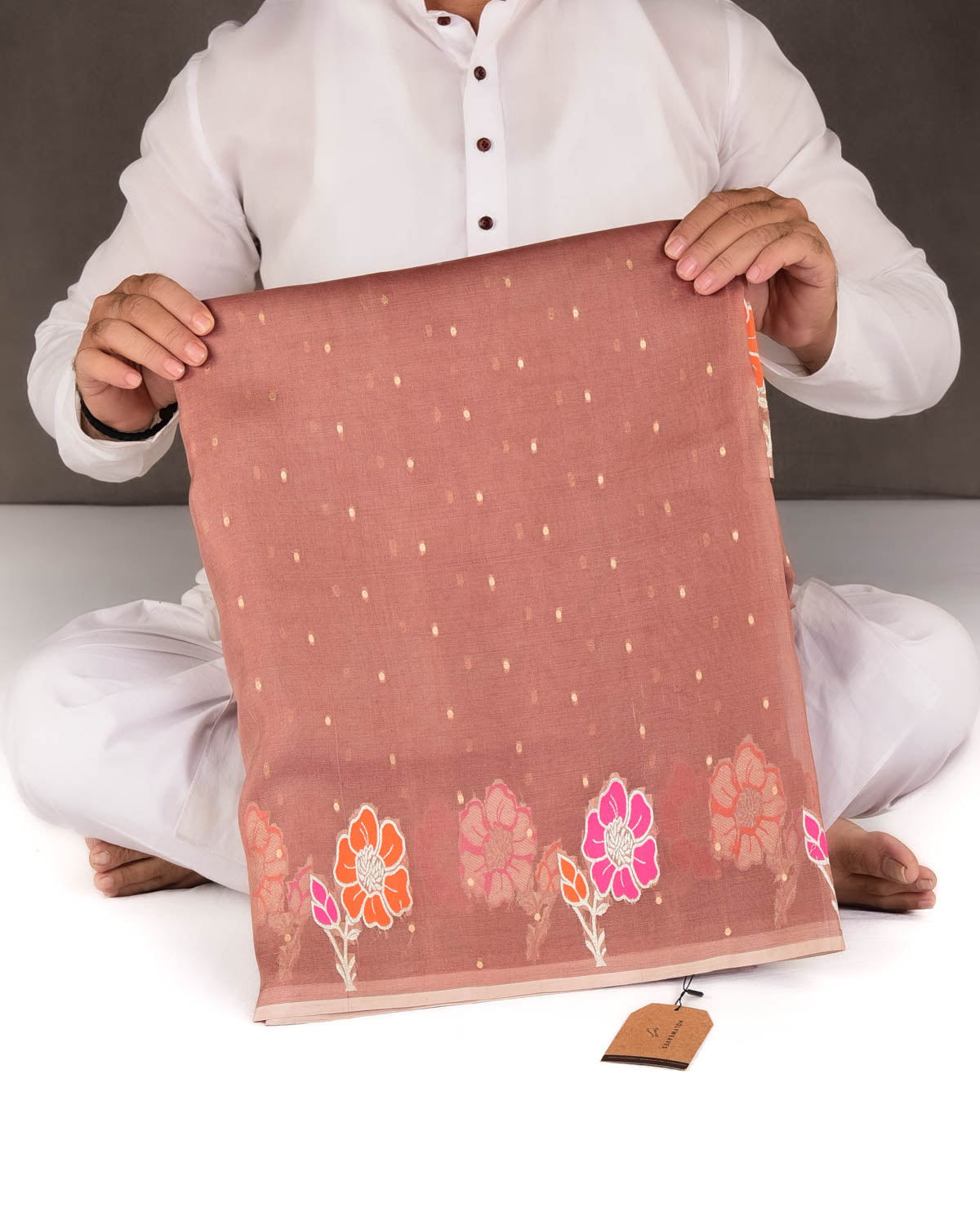 Garnet Gold Zari Polka Buti And Floral Border Cutwork Brocade Woven Kora Silk Banarasi Saree