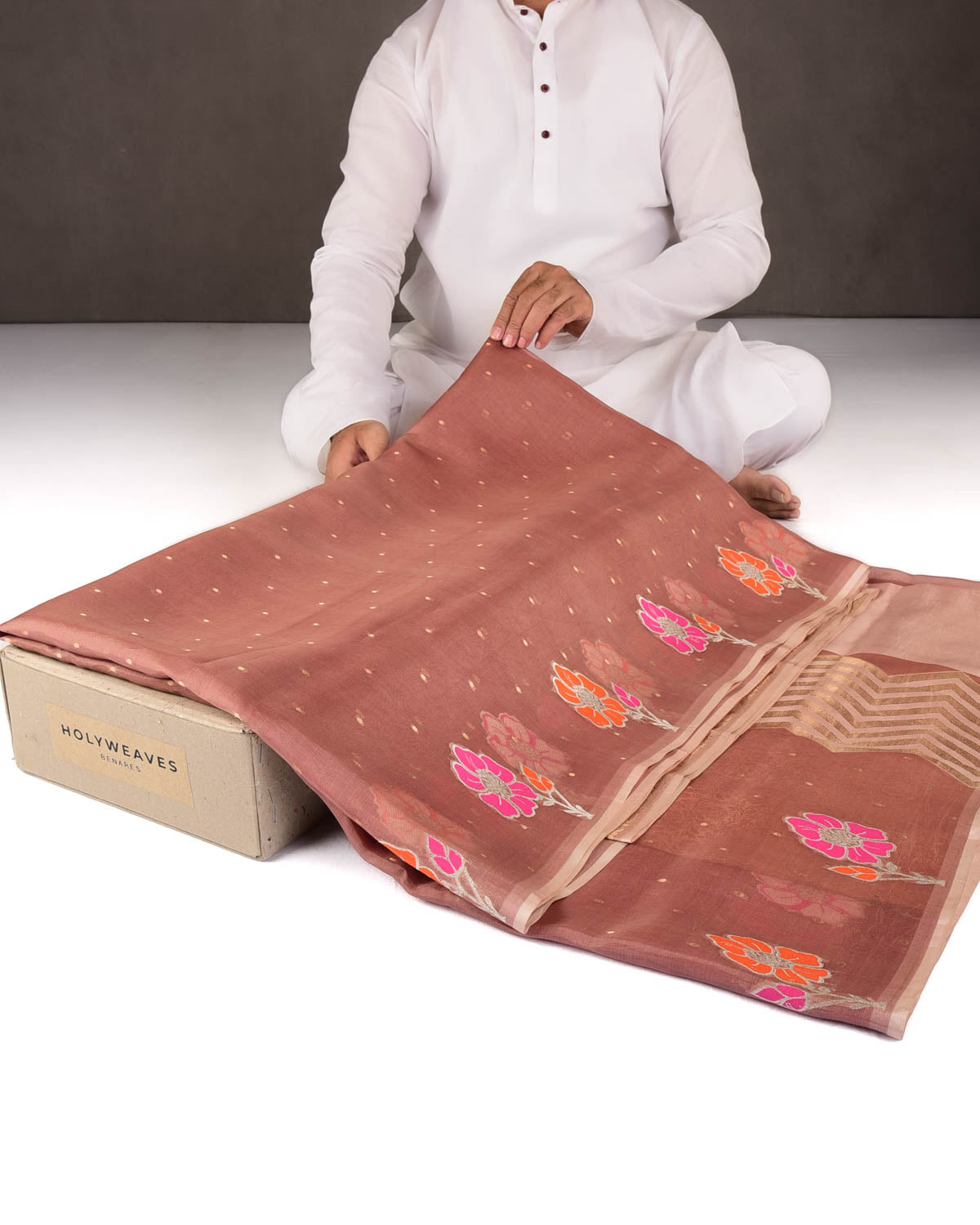 Garnet Gold Zari Polka Buti And Floral Border Cutwork Brocade Woven Kora Silk Banarasi Saree