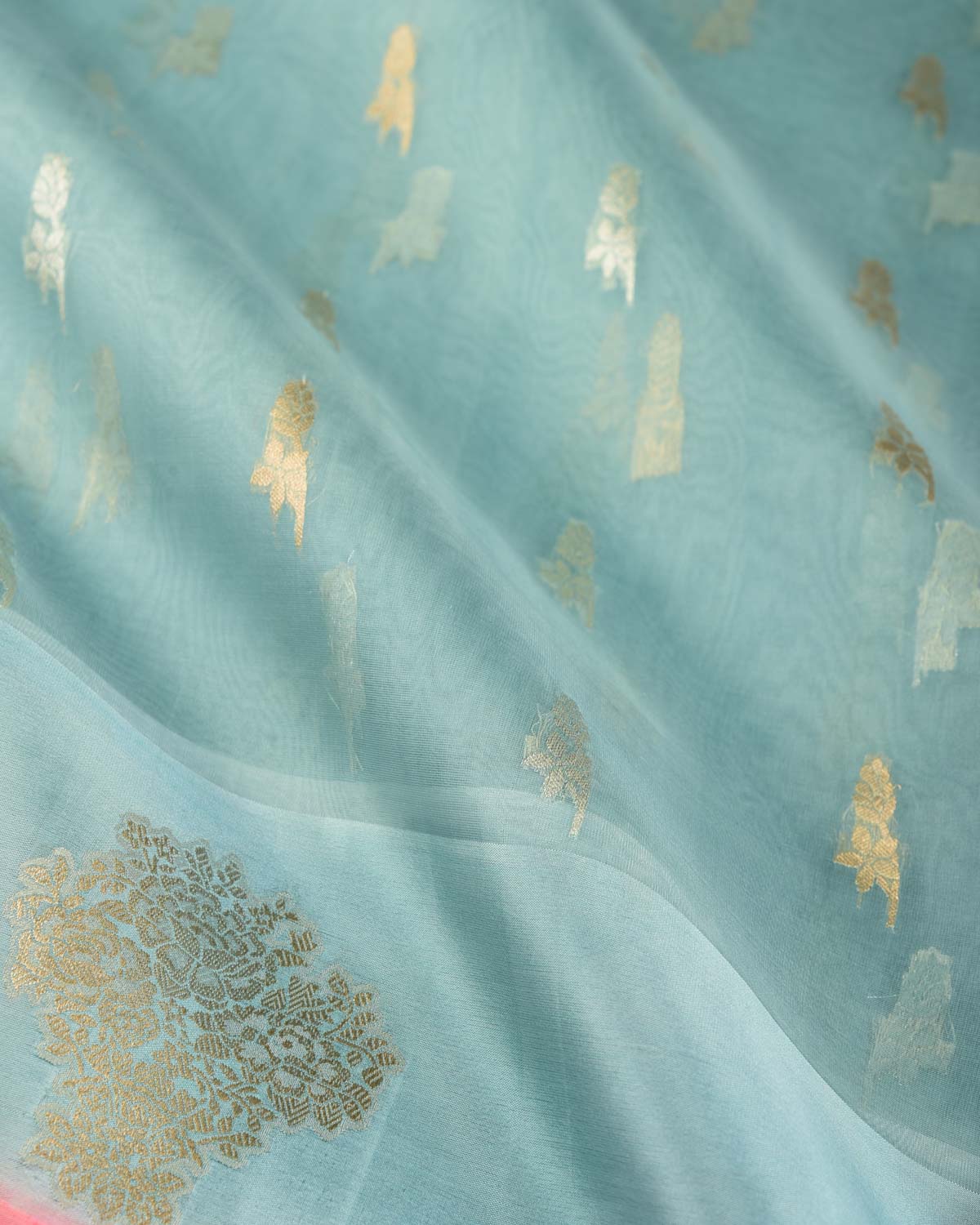 Powder Blue Gold & Silver Zari Buti Cutwork Brocade Woven Kora Silk Banarasi Saree
