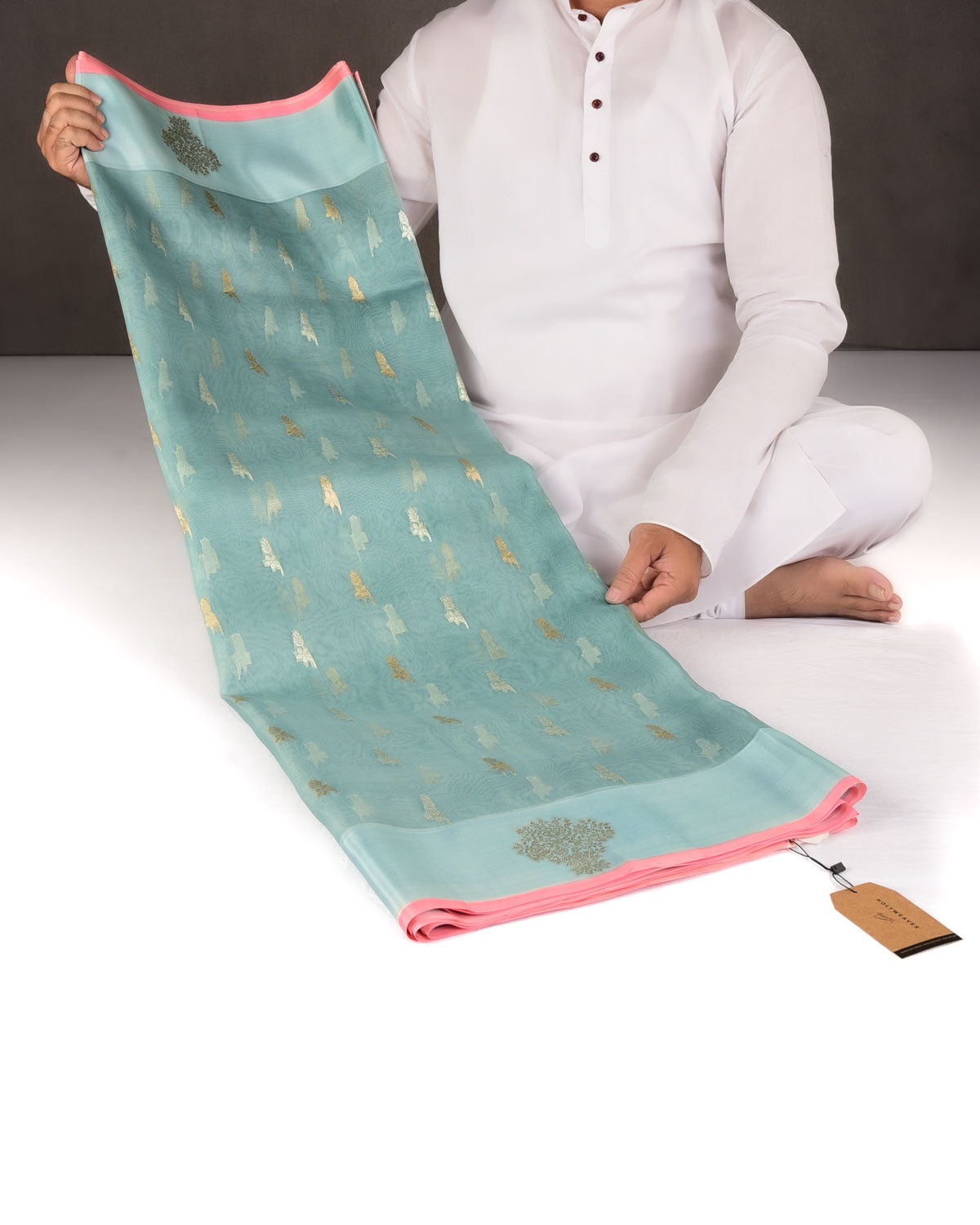 Powder Blue Gold & Silver Zari Buti Cutwork Brocade Woven Kora Silk Banarasi Saree