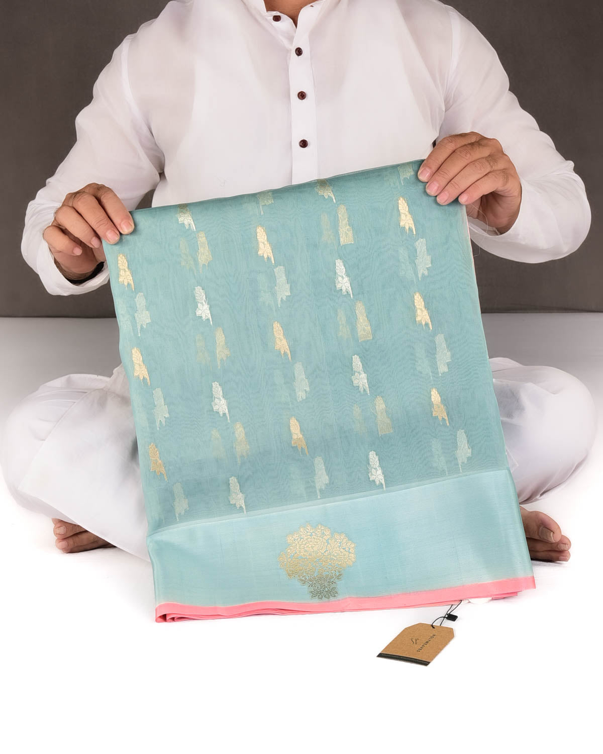 Powder Blue Gold & Silver Zari Buti Cutwork Brocade Woven Kora Silk Banarasi Saree