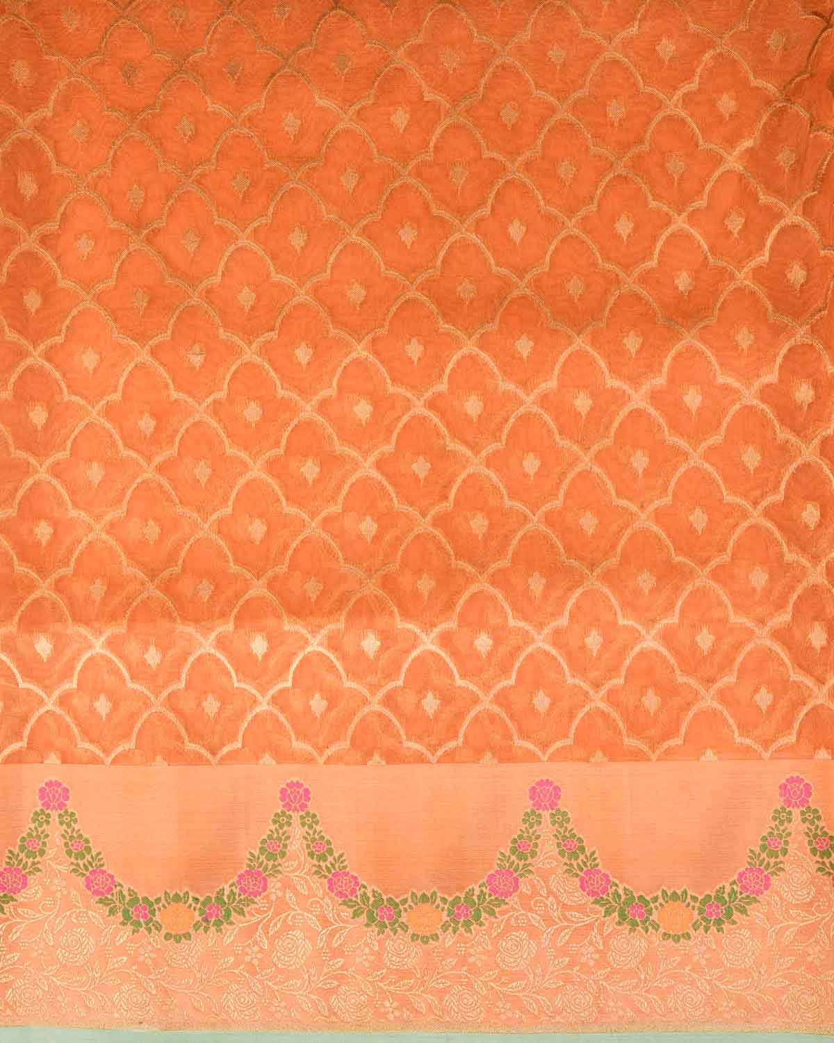 Orange Gold Zari Jangla Cutwork Brocade Woven Kora Silk Banarasi Saree-HolyWeaves