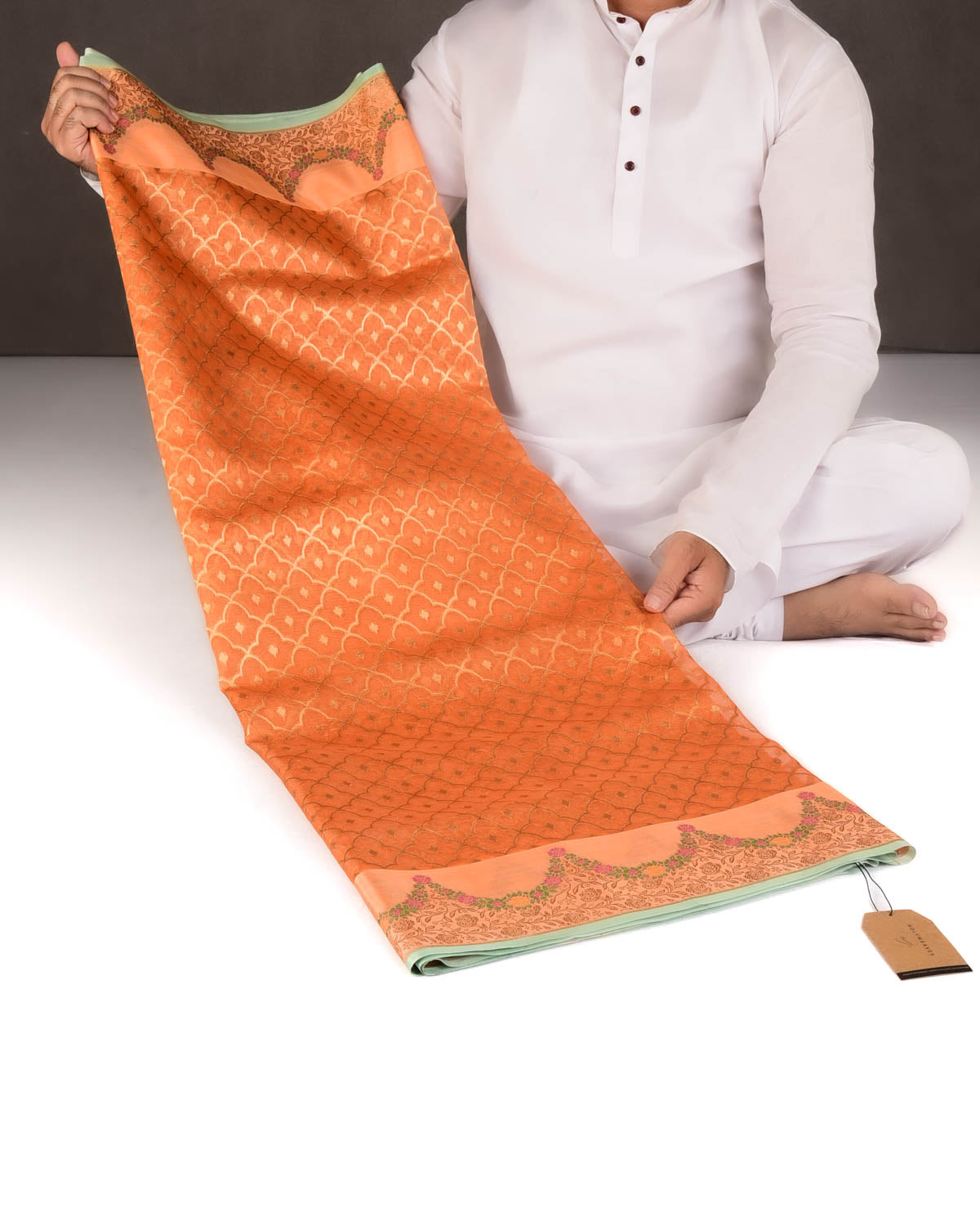 Orange Gold Zari Jangla Cutwork Brocade Woven Kora Silk Banarasi Saree-HolyWeaves