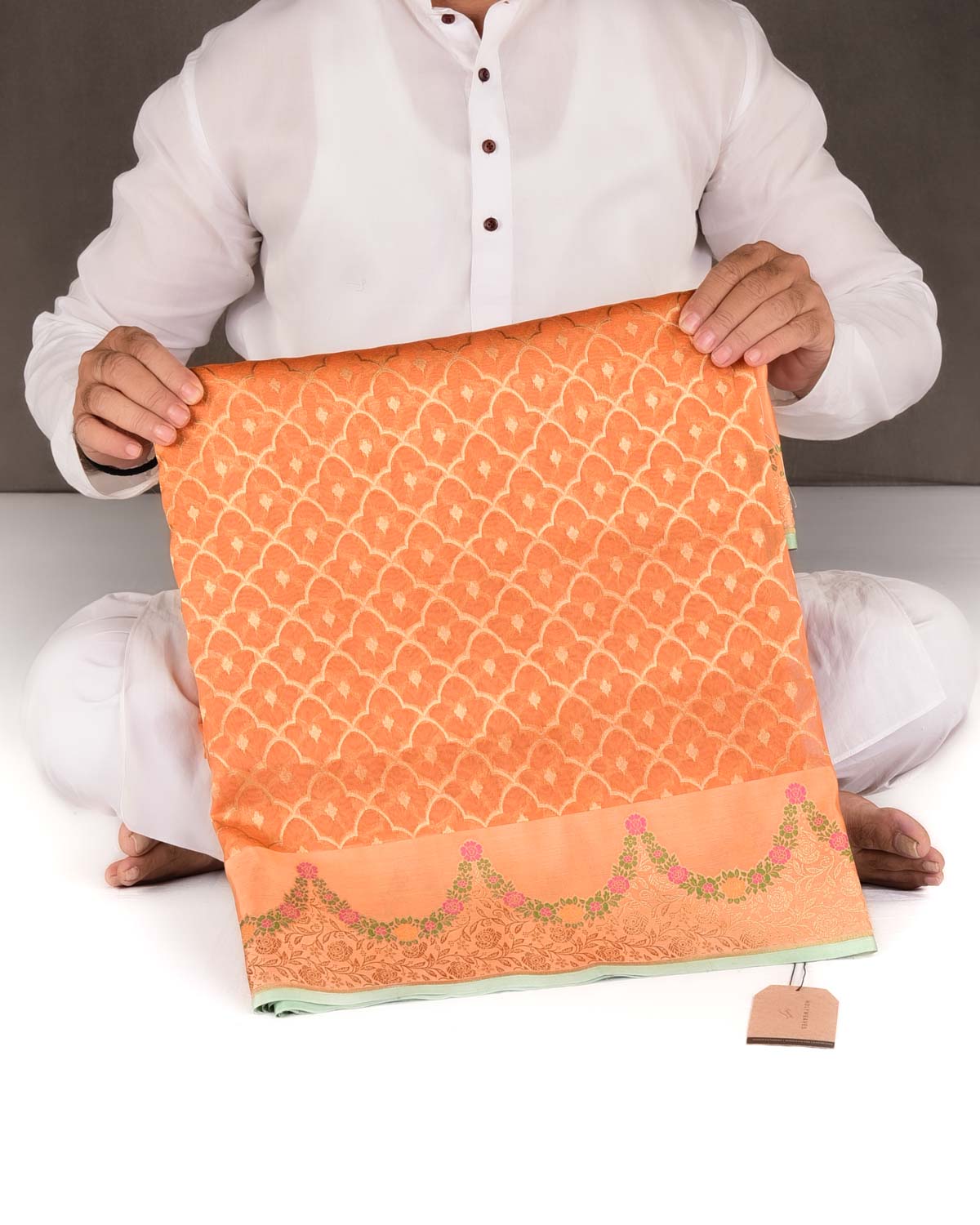 Orange Gold Zari Jangla Cutwork Brocade Woven Kora Silk Banarasi Saree-HolyWeaves