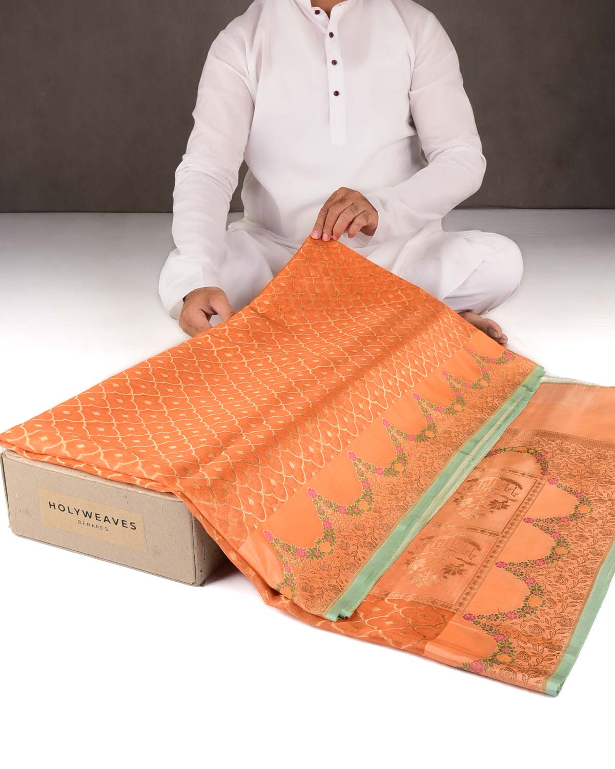 Orange Gold Zari Jangla Cutwork Brocade Woven Kora Silk Banarasi Saree-HolyWeaves