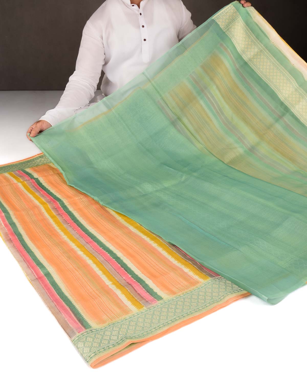 Multi-color Silver Zari Hand Brush Dye Cutwork Brocade Woven Kora Silk Banarasi Saree-HolyWeaves