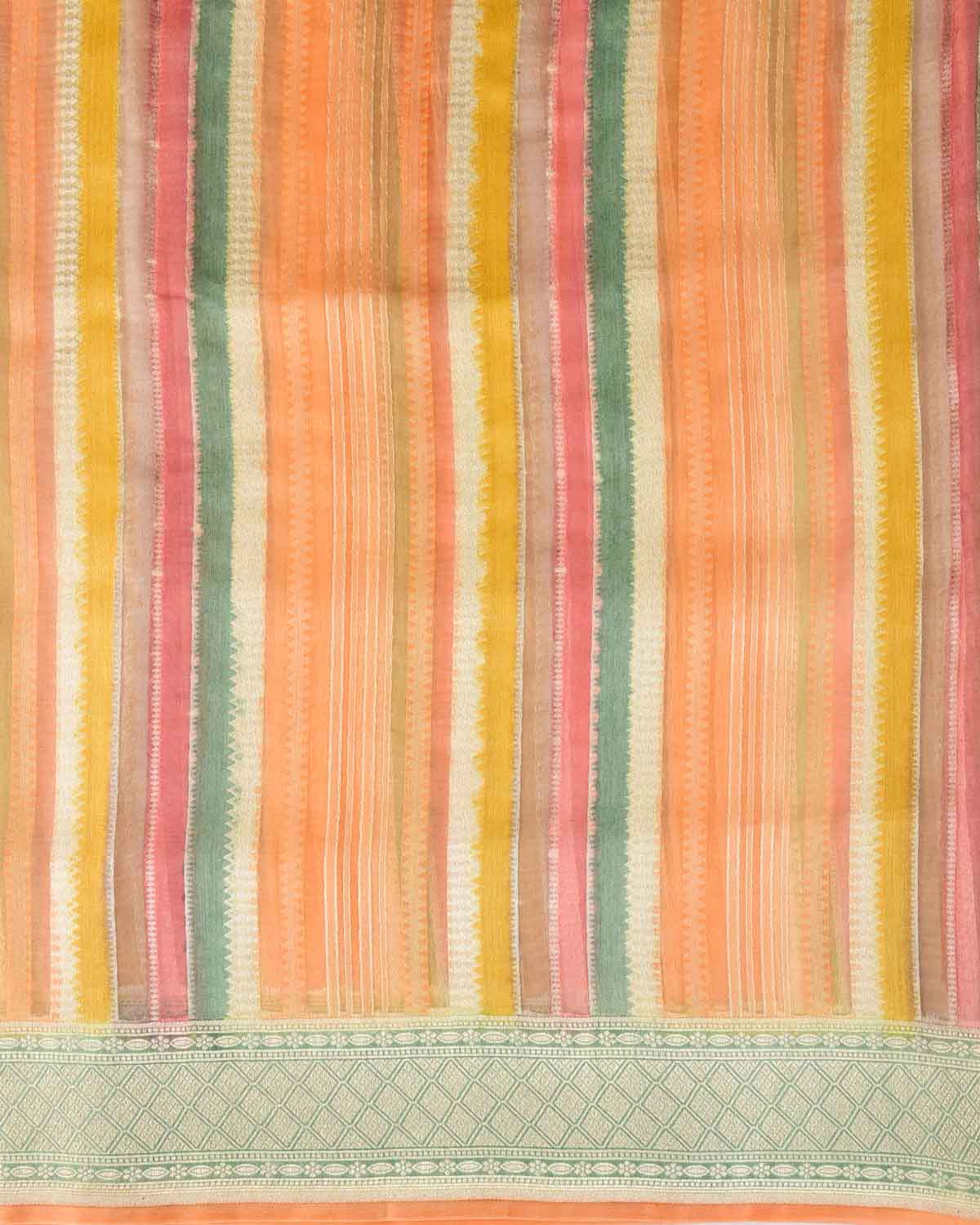 Multi-color Silver Zari Hand Brush Dye Cutwork Brocade Woven Kora Silk Banarasi Saree-HolyWeaves
