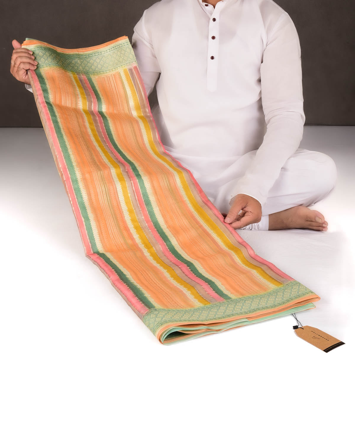 Multi-color Silver Zari Hand Brush Dye Cutwork Brocade Woven Kora Silk Banarasi Saree-HolyWeaves