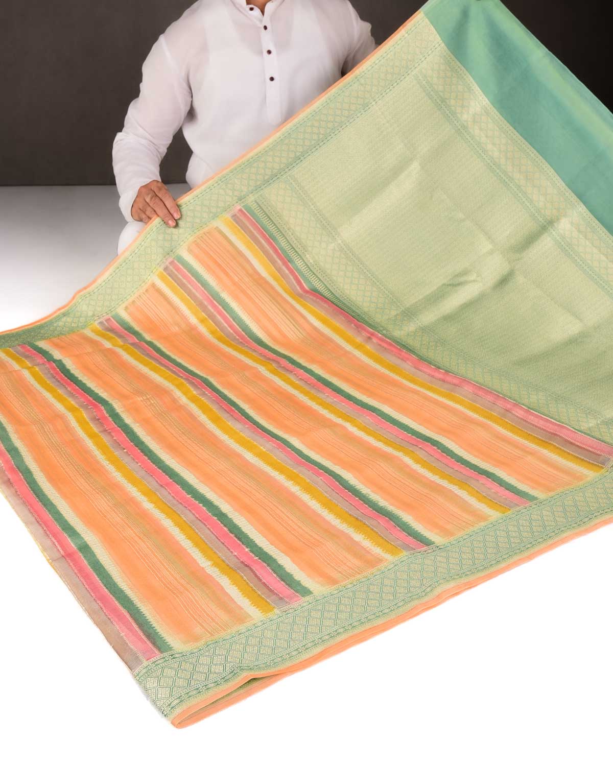 Multi-color Silver Zari Hand Brush Dye Cutwork Brocade Woven Kora Silk Banarasi Saree-HolyWeaves