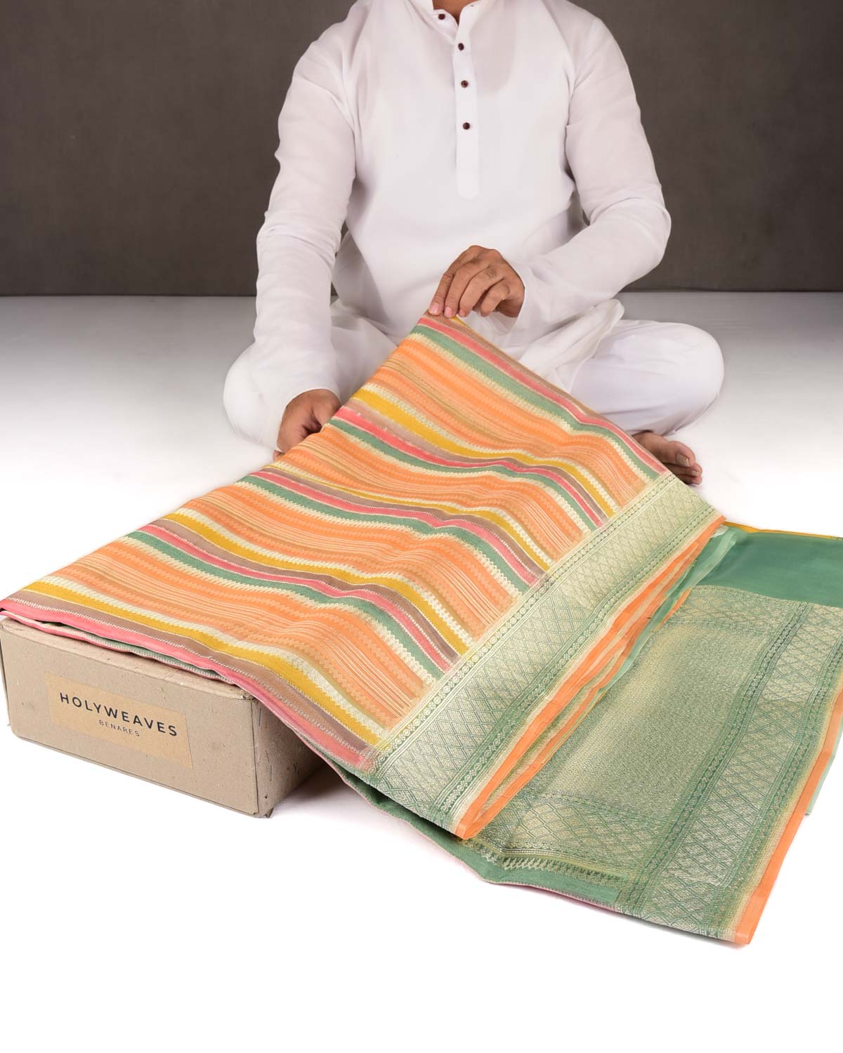 Multi-color Silver Zari Hand Brush Dye Cutwork Brocade Woven Kora Silk Banarasi Saree-HolyWeaves