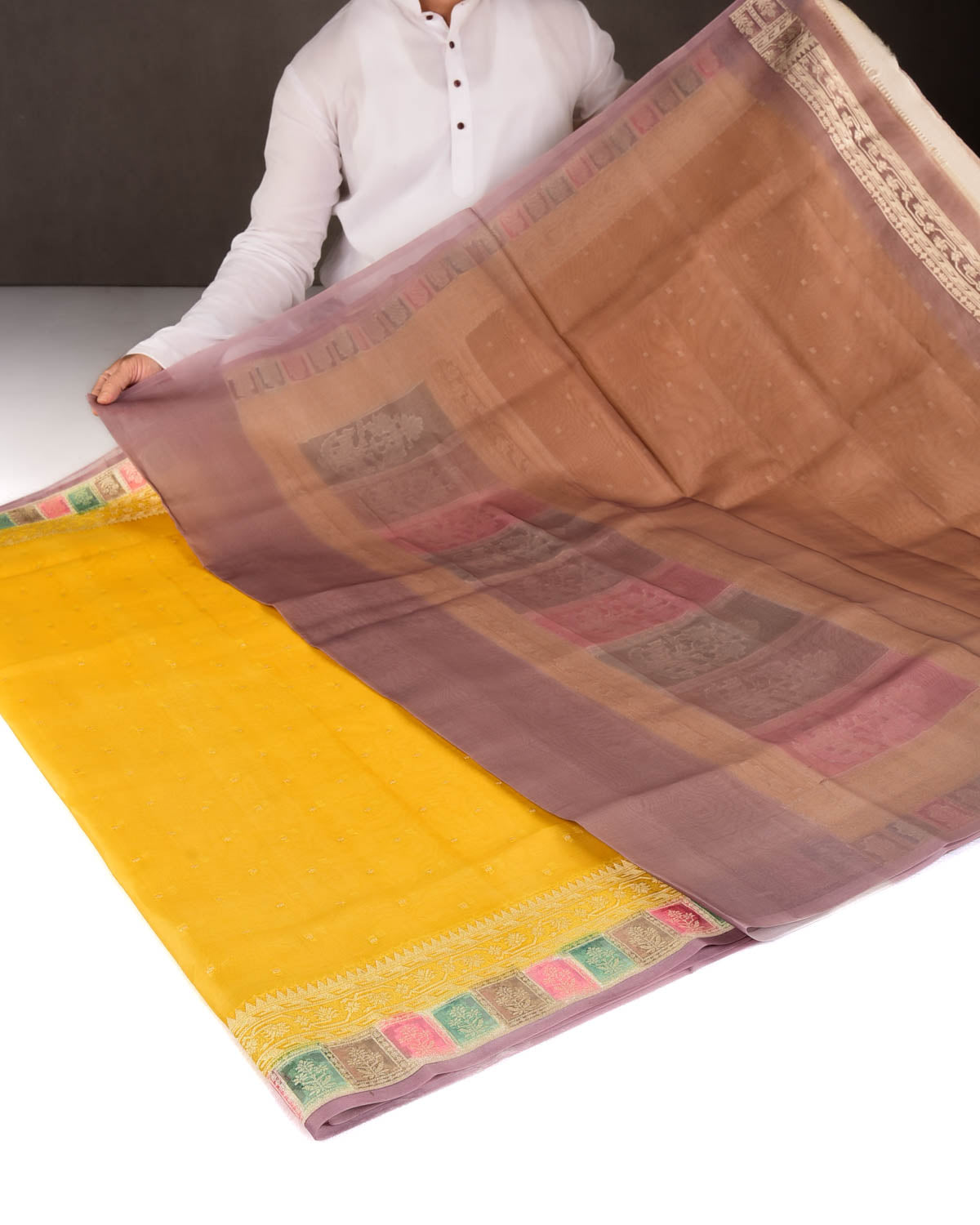 Yellow Gold Zari Buti Hand Brush Dye Cutwork Brocade Woven Kora Silk Banarasi Saree-HolyWeaves