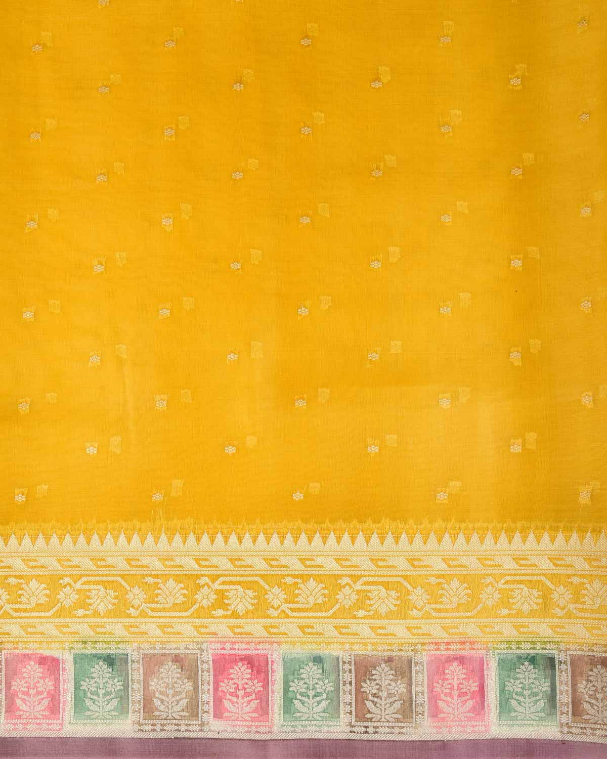 Yellow Gold Zari Buti Hand Brush Dye Cutwork Brocade Woven Kora Silk Banarasi Saree-HolyWeaves