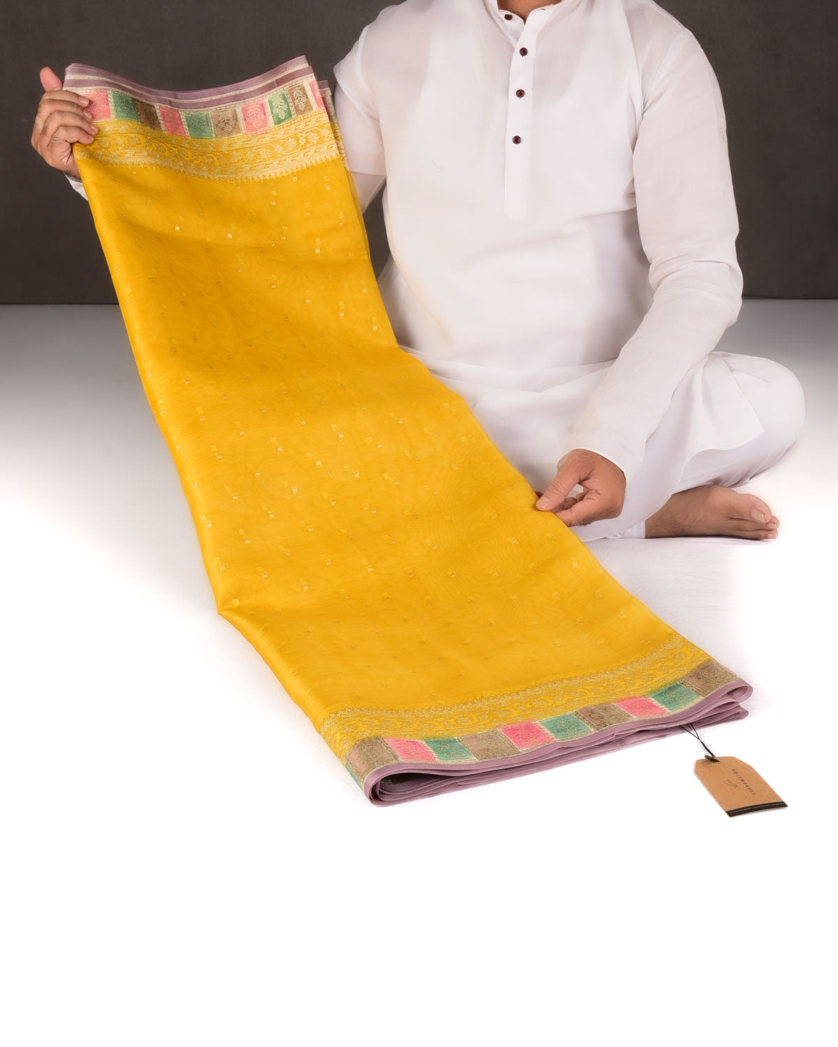 Yellow Gold Zari Buti Hand Brush Dye Cutwork Brocade Woven Kora Silk Banarasi Saree-HolyWeaves