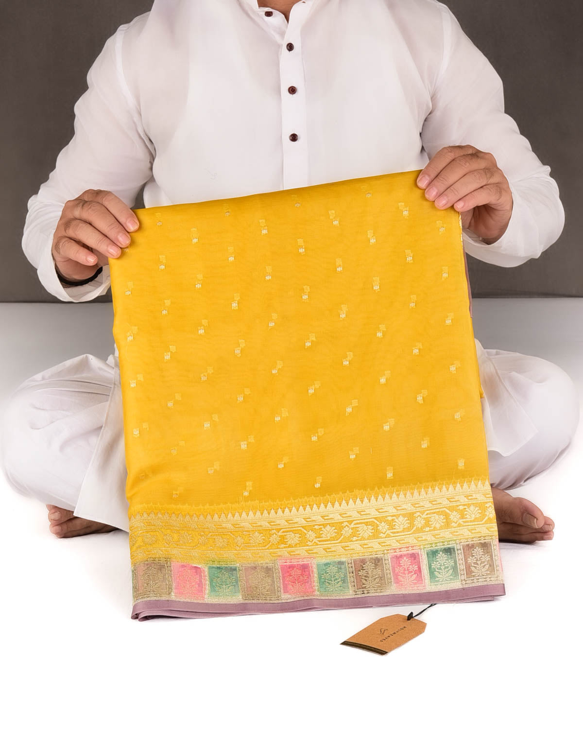 Yellow Gold Zari Buti Hand Brush Dye Cutwork Brocade Woven Kora Silk Banarasi Saree-HolyWeaves